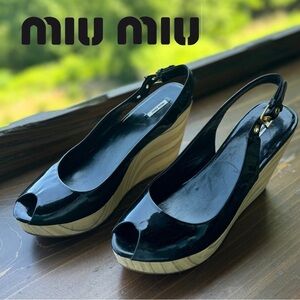 Miu Miu Prada Platform Black Patent Leather Slingback Peeptoe US 6 EU 36